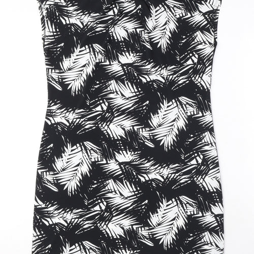 Wallis Womens Black Geometric Polyester A-Line Size M Round Neck Button - Leaf Pattern