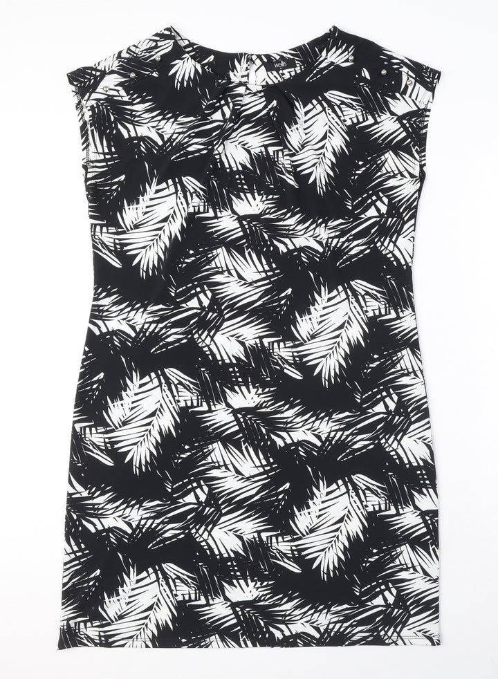 Wallis Womens Black Geometric Polyester A-Line Size M Round Neck Button - Leaf Pattern