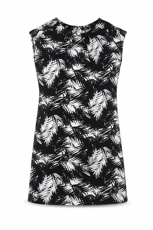 Front view of Wallis women’s black geometric polyester a-line, size M, round neck button - leaf pattern