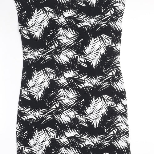 Wallis Womens Black Geometric Polyester A-Line Size M Round Neck Button - Leaf Pattern