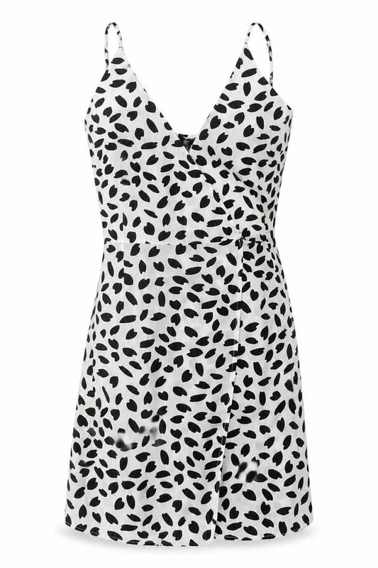 Front view of Missguided women’s white geometric polyester wrap dress, size UK 10, v-neck tie
