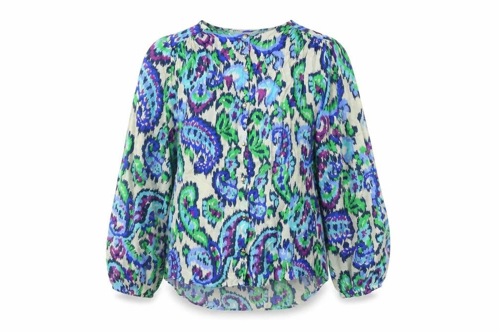Front view of Zara women’s multicoloured geometric viscose basic blouse, size XS, round neck
