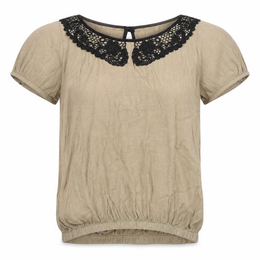 Front view of Next women’s brown viscose basic t-shirt, size UK 6, round neck - crochet collar
