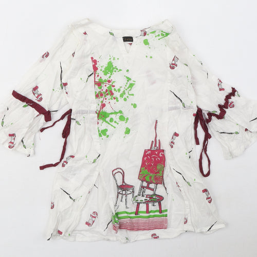Junaid Jamshed Girls White Geometric 100% Cotton A-Line Size 3-4 Years Round Neck Snap - Paint Splat, Paint Brush, Paint, Sheer