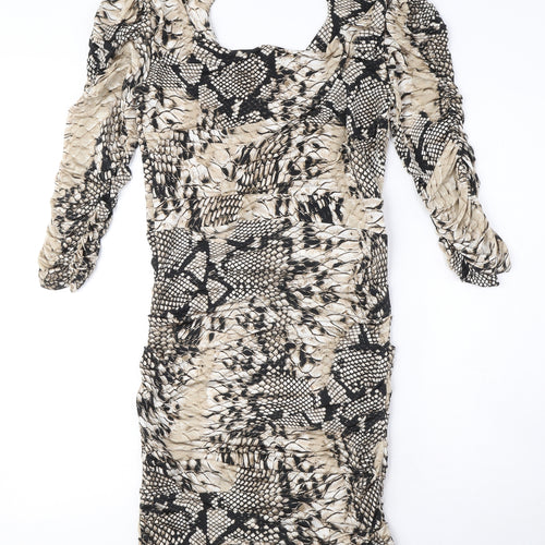 Rinascimento Womens Beige Animal Print Polyester Bodycon Size XL Boat Neck Pullover - Snake Print, Ruched, Cut out detail