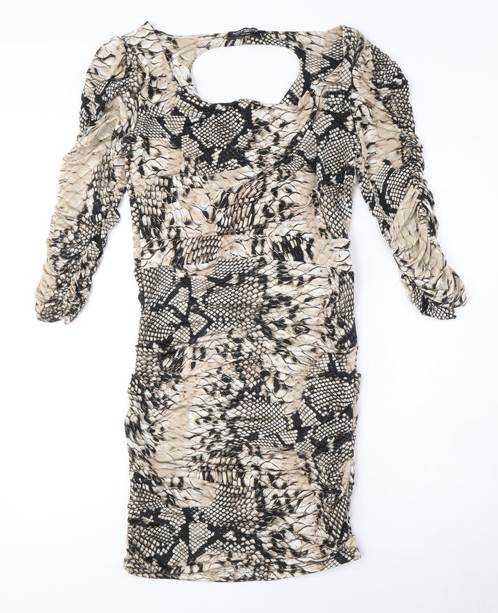 Rinascimento Womens Beige Animal Print Polyester Bodycon Size XL Boat Neck Pullover - Snake Print, Ruched, Cut out detail