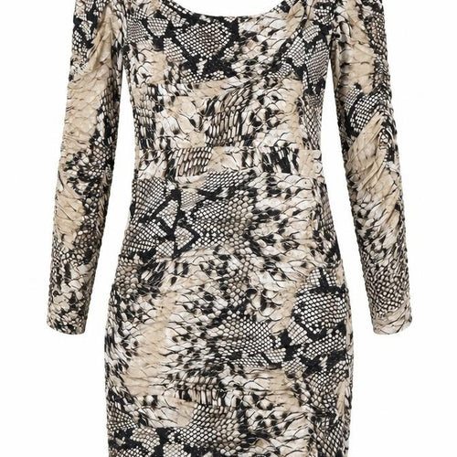 Rinascimento Womens Beige Animal Print Polyester Bodycon Size XL Boat Neck Pullover - Snake Print, Ruched, Cut out detail