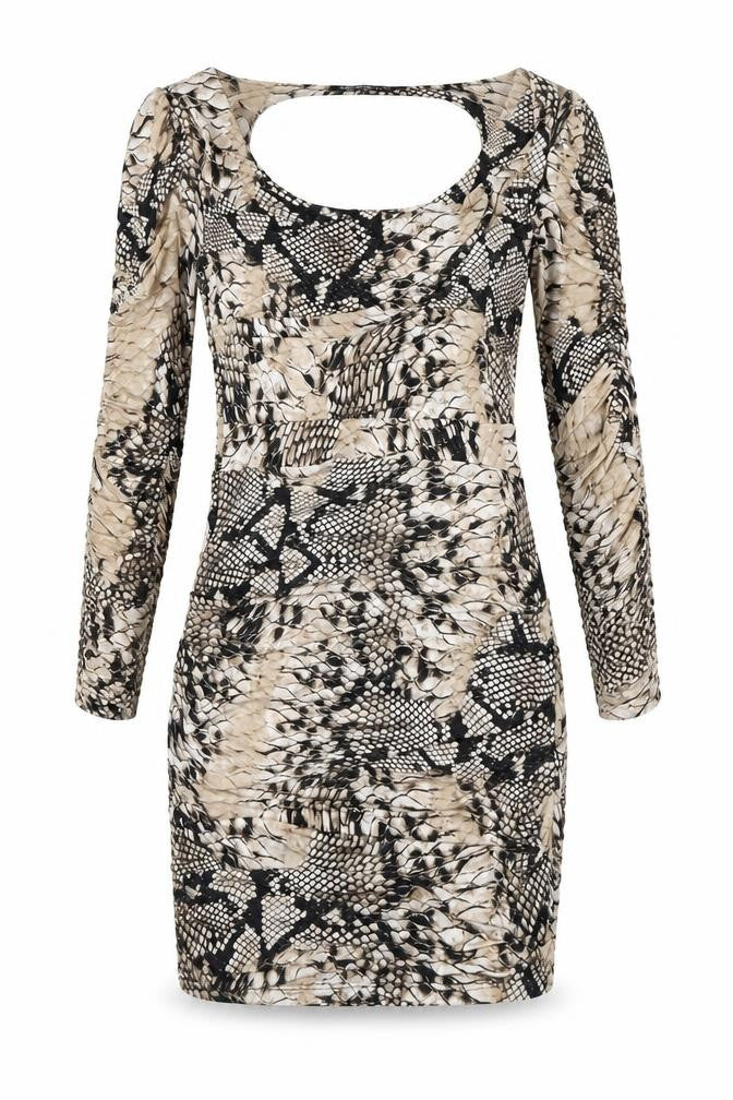 Rinascimento Womens Beige Animal Print Polyester Bodycon Size XL Boat Neck Pullover - Snake Print, Ruched, Cut out detail