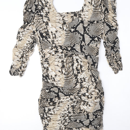 Rinascimento Womens Beige Animal Print Polyester Bodycon Size XL Boat Neck Pullover - Snake Print, Ruched, Cut out detail