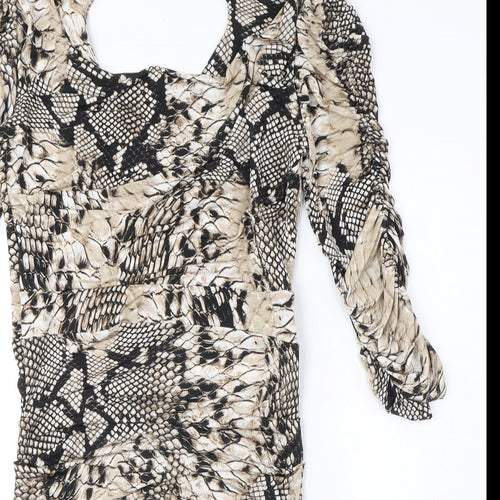 Rinascimento Womens Beige Animal Print Polyester Bodycon Size XL Boat Neck Pullover - Snake Print, Ruched, Cut out detail