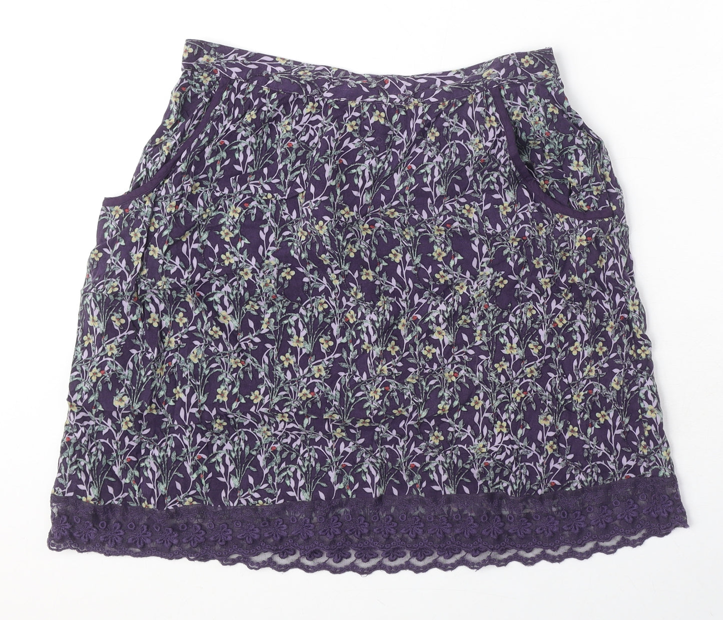 Indigo Womens Purple Floral Viscose A-Line Skirt Size 8 - Lace Trim, Pockets