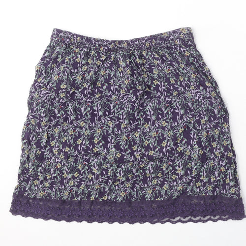 Indigo Womens Purple Floral Viscose A-Line Skirt Size 8 - Lace Trim, Pockets