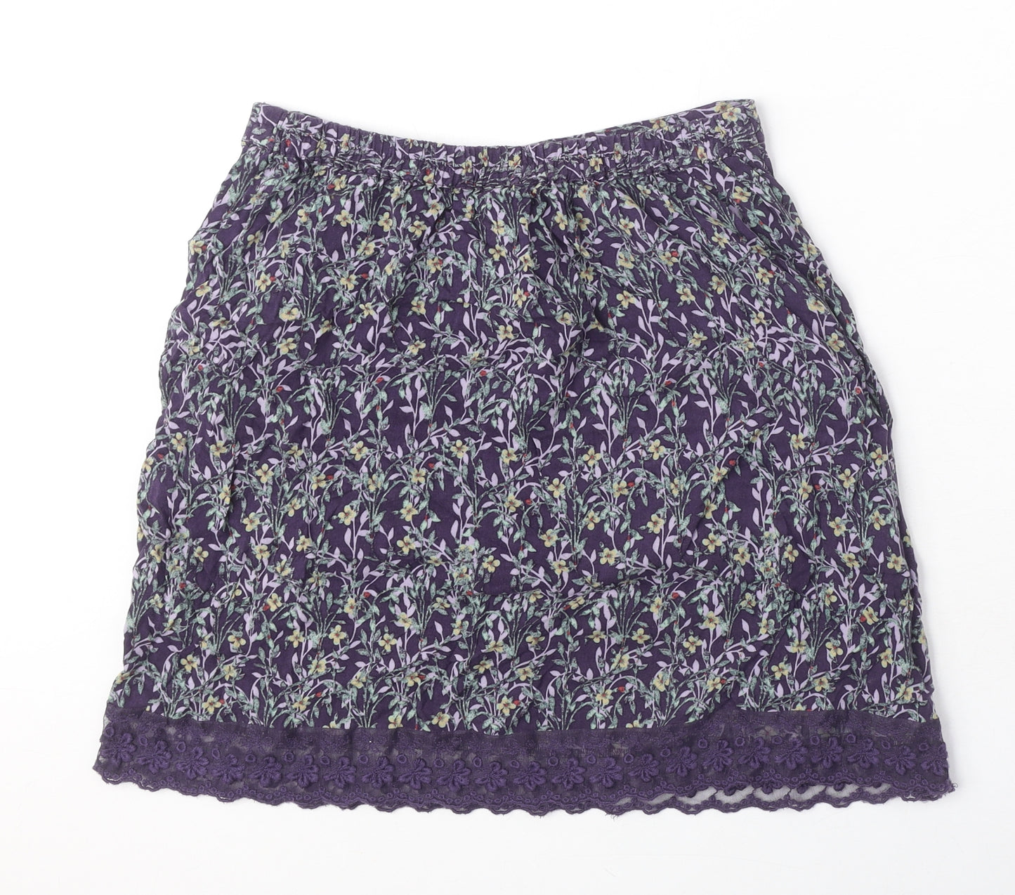 Indigo Womens Purple Floral Viscose A-Line Skirt Size 8 - Lace Trim, Pockets