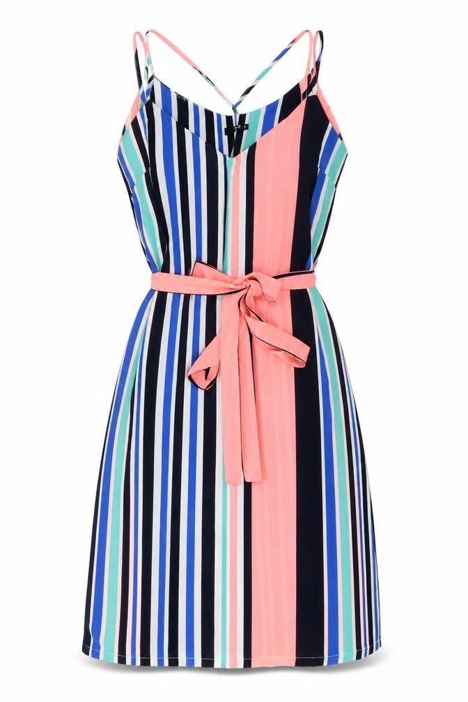 Front view of Quiz women’s multicoloured striped polyester a-line, size UK 8, v-neck pullover - belted