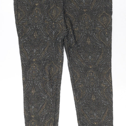 NEXT Womens Grey Geometric Polyester Trousers Size 10 L27 in Regular Zip - Gold Detail