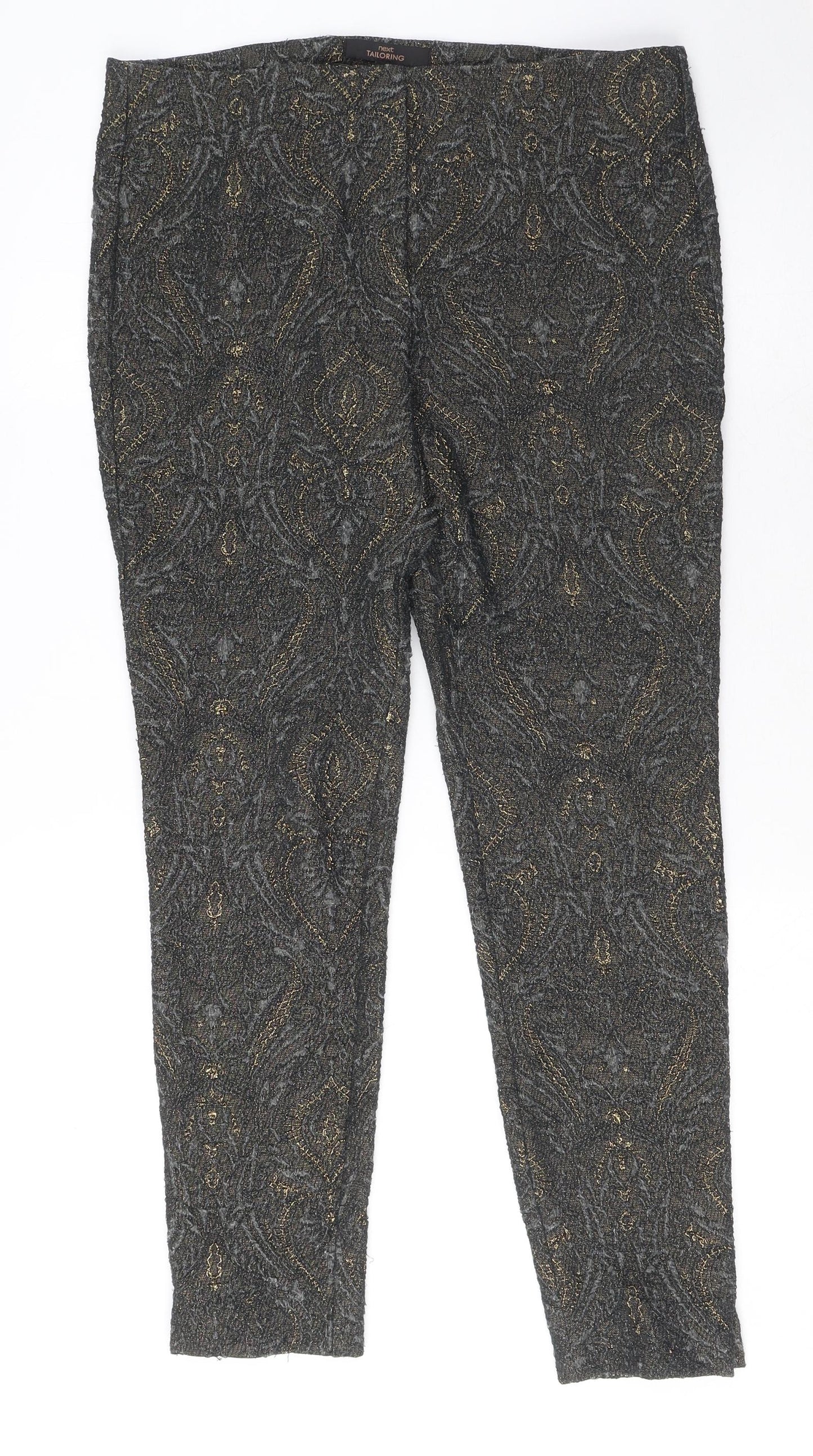 NEXT Womens Grey Geometric Polyester Trousers Size 10 L27 in Regular Zip - Gold Detail