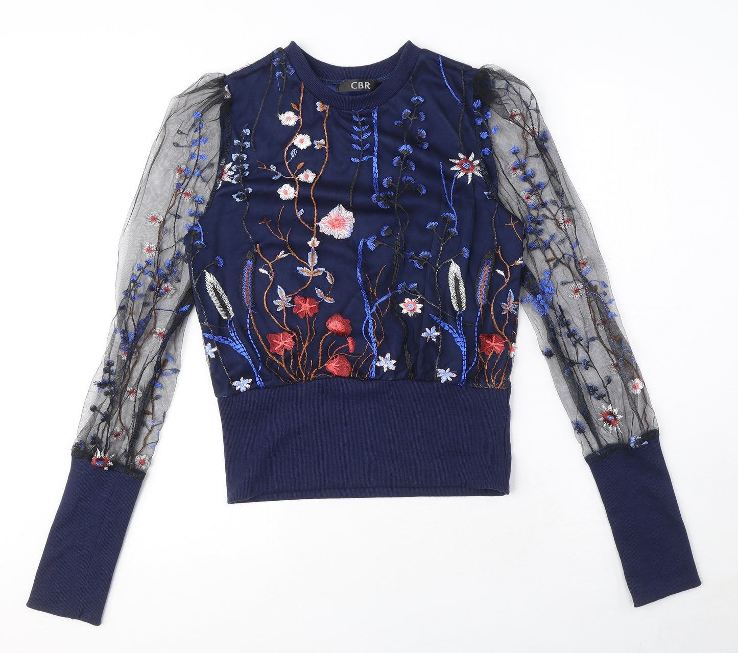 CBR Womens Blue Floral Cotton Basic Blouse Size M Crew Neck - Embroidered Flowers, Lace Sleeves