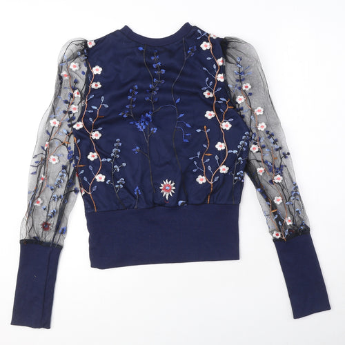 CBR Womens Blue Floral Cotton Basic Blouse Size M Crew Neck - Embroidered Flowers, Lace Sleeves