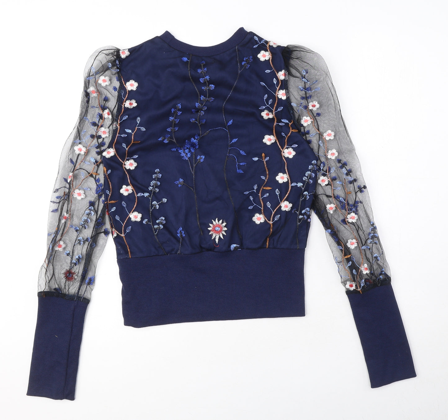CBR Womens Blue Floral Cotton Basic Blouse Size M Crew Neck - Embroidered Flowers, Lace Sleeves