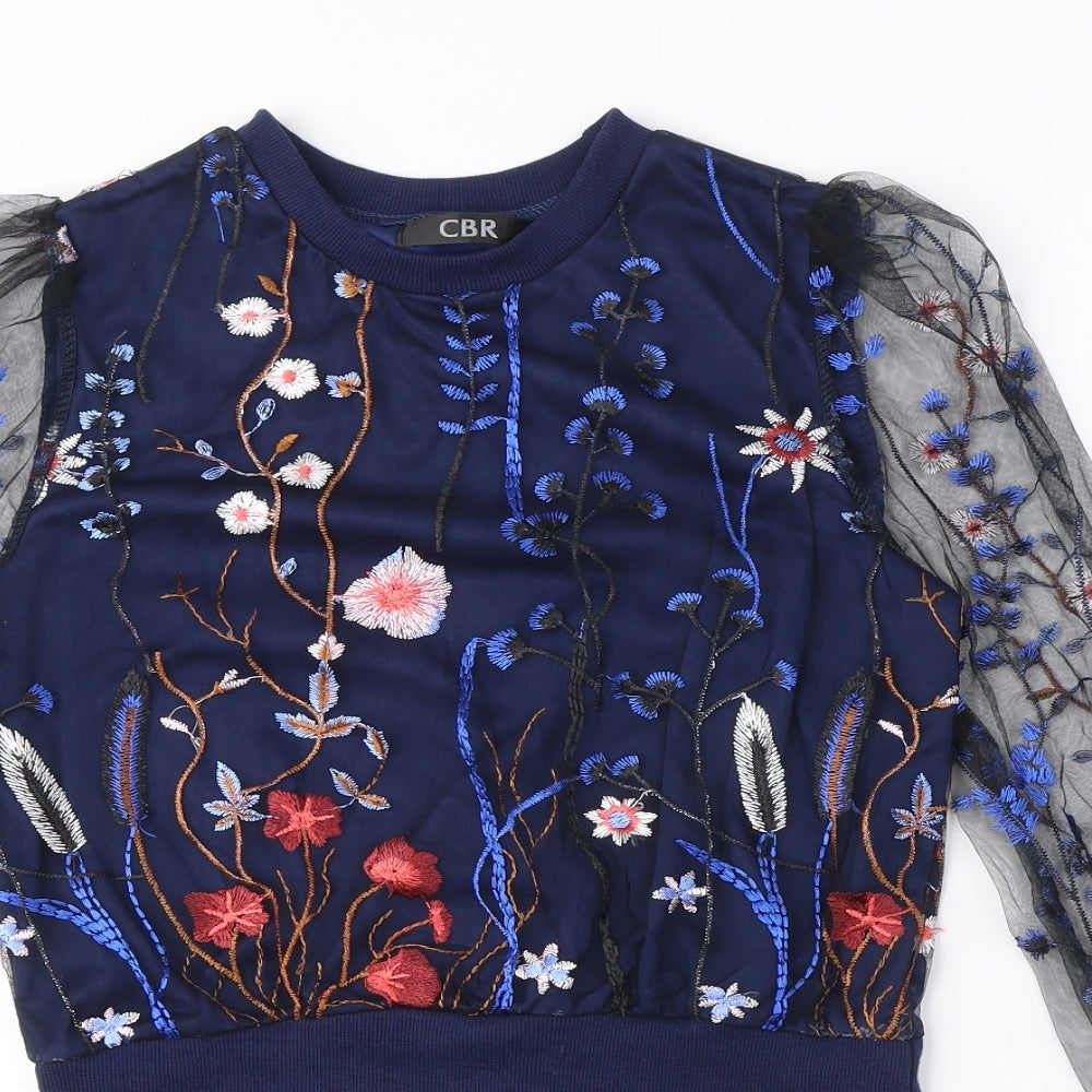 CBR Womens Blue Floral Cotton Basic Blouse Size M Crew Neck - Embroidered Flowers, Lace Sleeves