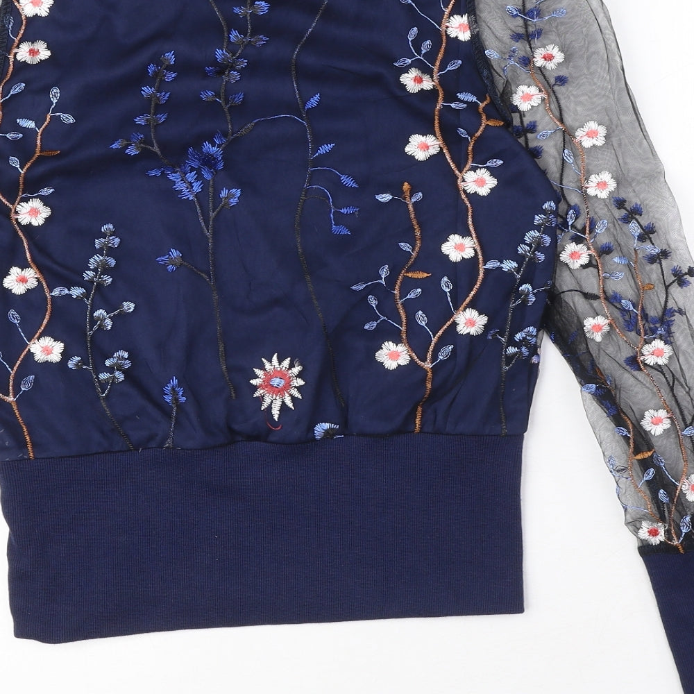CBR Womens Blue Floral Cotton Basic Blouse Size M Crew Neck - Embroidered Flowers, Lace Sleeves
