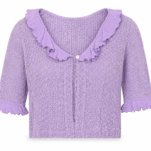 Lori Weidner Womens Purple Scoop Neck Polyester Cardigan Jumper Size 12 - Frill Detail, Sheer