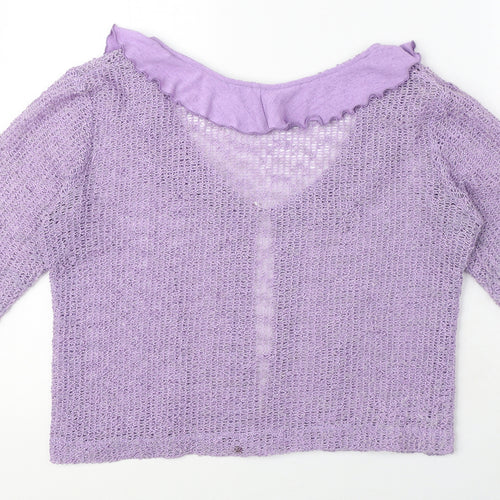 Lori Weidner Womens Purple Scoop Neck Polyester Cardigan Jumper Size 12 - Frill Detail, Sheer