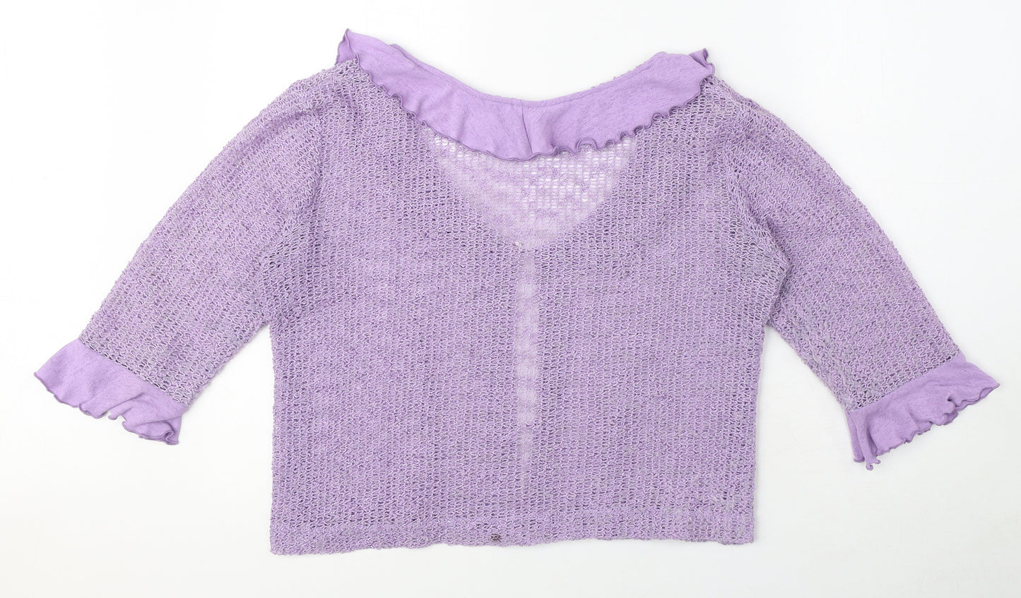 Lori Weidner Womens Purple Scoop Neck Polyester Cardigan Jumper Size 12 - Frill Detail, Sheer