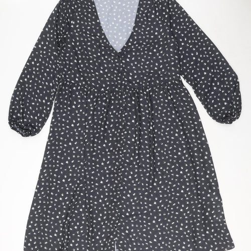 Boohoo Womens Grey Floral Polyester A-Line Size 12 V-Neck Button