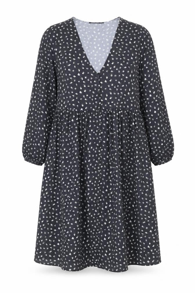 Front view of Boohoo women’s grey floral polyester a-line, size UK 12, v-neck button