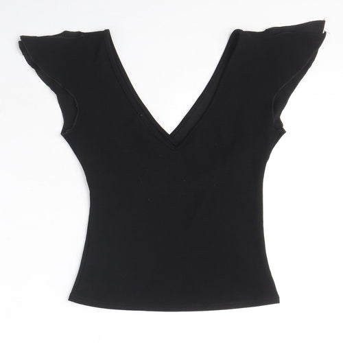 Kit Womens Black Polyester Basic T-Shirt Size 10 V-Neck - Slit sleeve