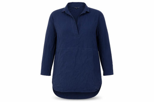 Front view of French Connection women’s blue polyester shirt dress, size UK 10, collared pullover