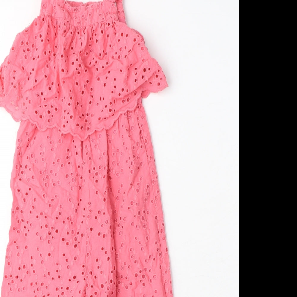Zara Girls Pink Cotton Jumpsuit One-Piece Size 3-4 Years L12 in Button - Broderie Anglaise