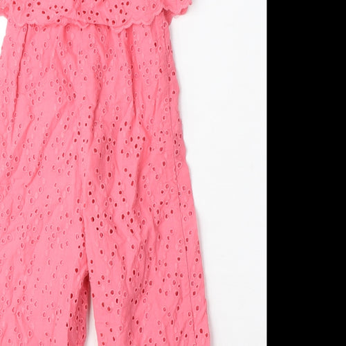 Zara Girls Pink Cotton Jumpsuit One-Piece Size 3-4 Years L12 in Button - Broderie Anglaise