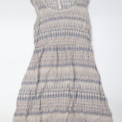Dorothy Perkins Womens Beige Geometric Viscose A-Line Size 10 Round Neck Button - Embellished Detail