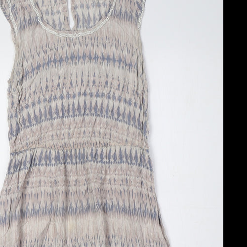 Dorothy Perkins Womens Beige Geometric Viscose A-Line Size 10 Round Neck Button - Embellished Detail