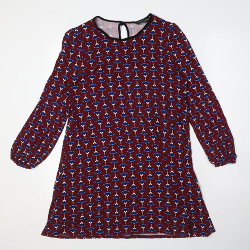 Dorothy Perkins Womens Red Floral Viscose A-Line Size 12 Round Neck Button