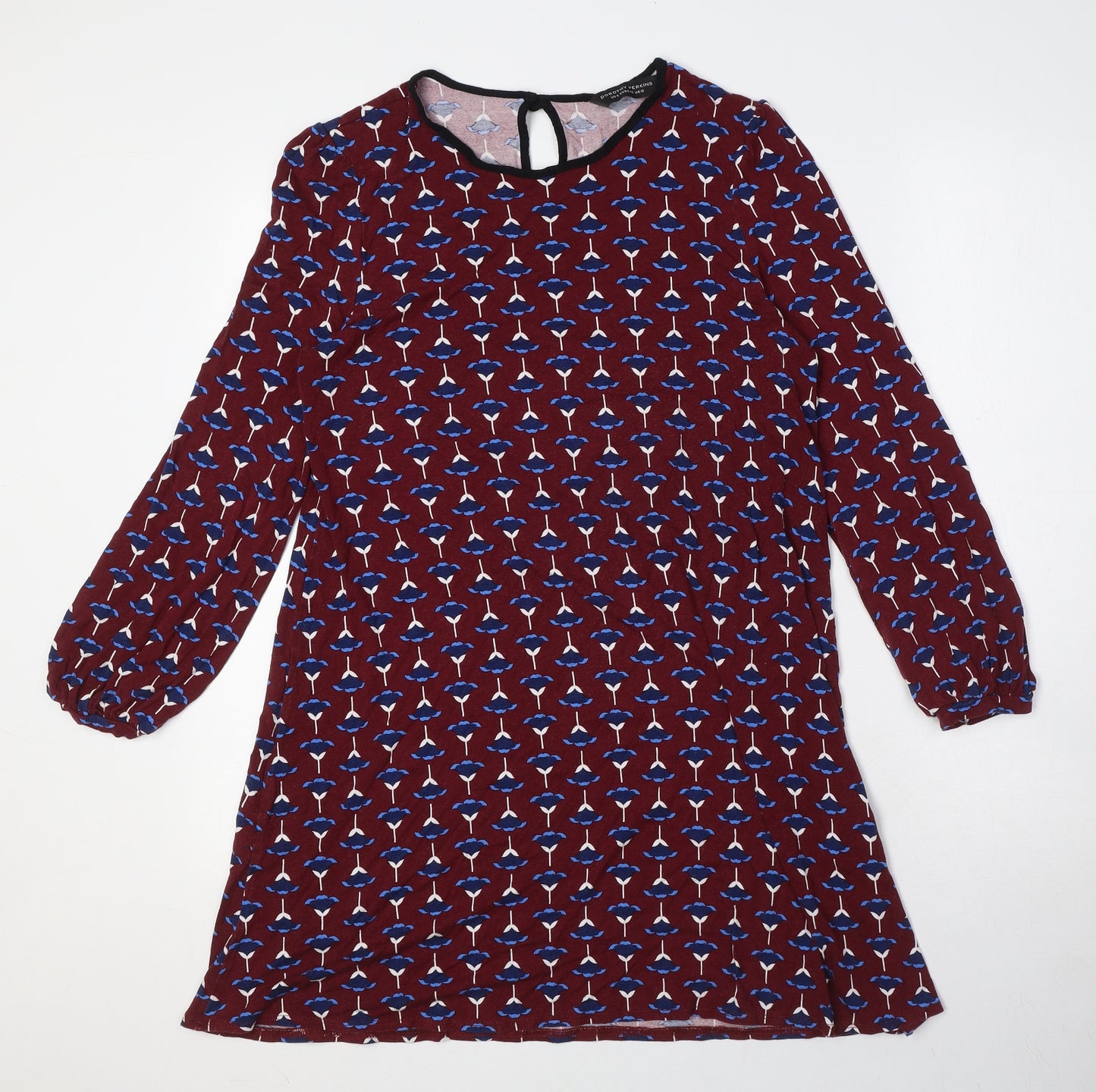Dorothy Perkins Womens Red Floral Viscose A-Line Size 12 Round Neck Button