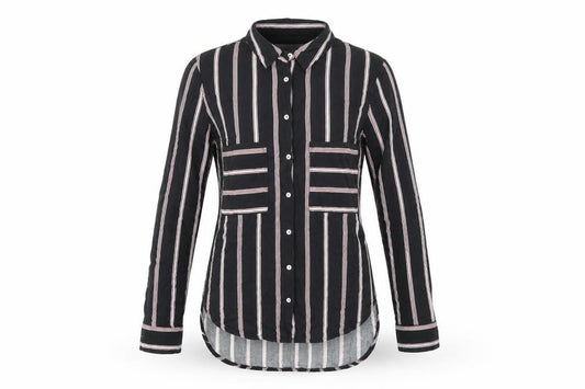 Front view of alcott women’s black striped viscose basic button-up, size XS, collared
