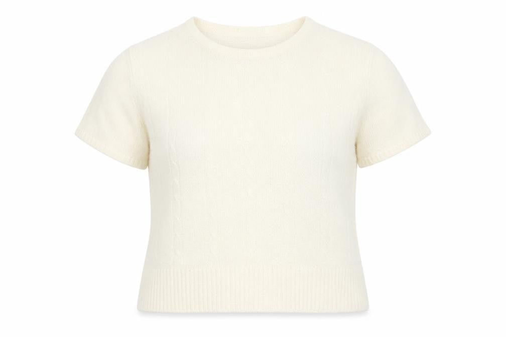 Front view of EWM women’s beige round neck acrylic jumper, size UK 18, -, size UK 18-20