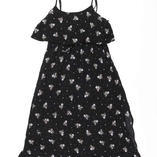 Dotti Womens Black Floral Viscose Shift Size 10 Round Neck Drawstring - Ruffle, Side Slit