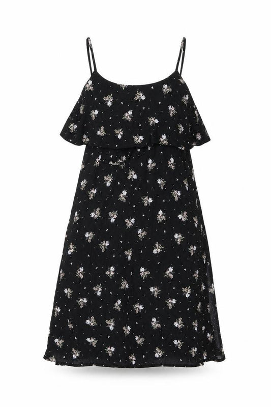 Front view of Dotti women’s black floral viscose shift, size UK 10, round neck drawstring - ruffle, side slit