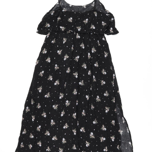 Dotti Womens Black Floral Viscose Shift Size 10 Round Neck Drawstring - Ruffle, Side Slit