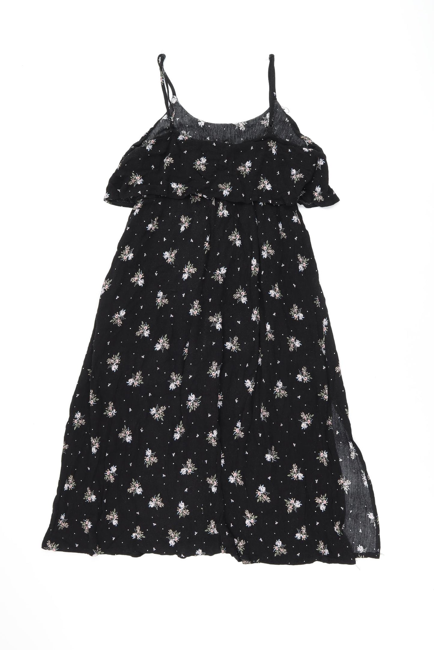 Dotti Womens Black Floral Viscose Shift Size 10 Round Neck Drawstring - Ruffle, Side Slit