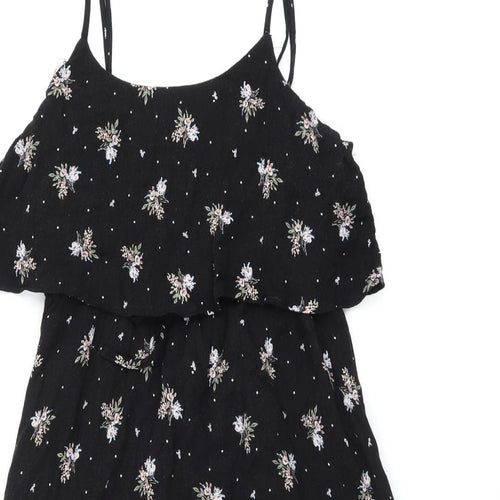 Dotti Womens Black Floral Viscose Shift Size 10 Round Neck Drawstring - Ruffle, Side Slit