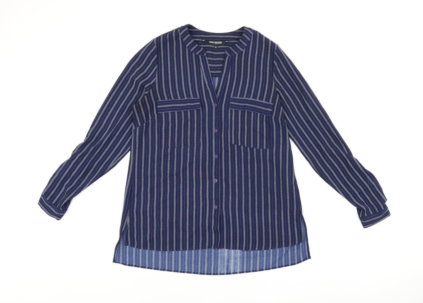 Debenhams Womens Blue Striped Polyester Basic Button-Up Size 10 V-Neck