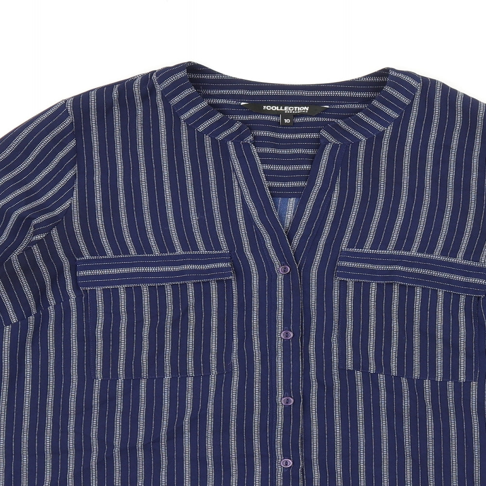 Debenhams Womens Blue Striped Polyester Basic Button-Up Size 10 V-Neck