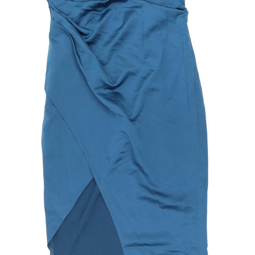PRETTYLITTLETHING Womens Blue Polyester Bodycon Size 10 One Shoulder Zip