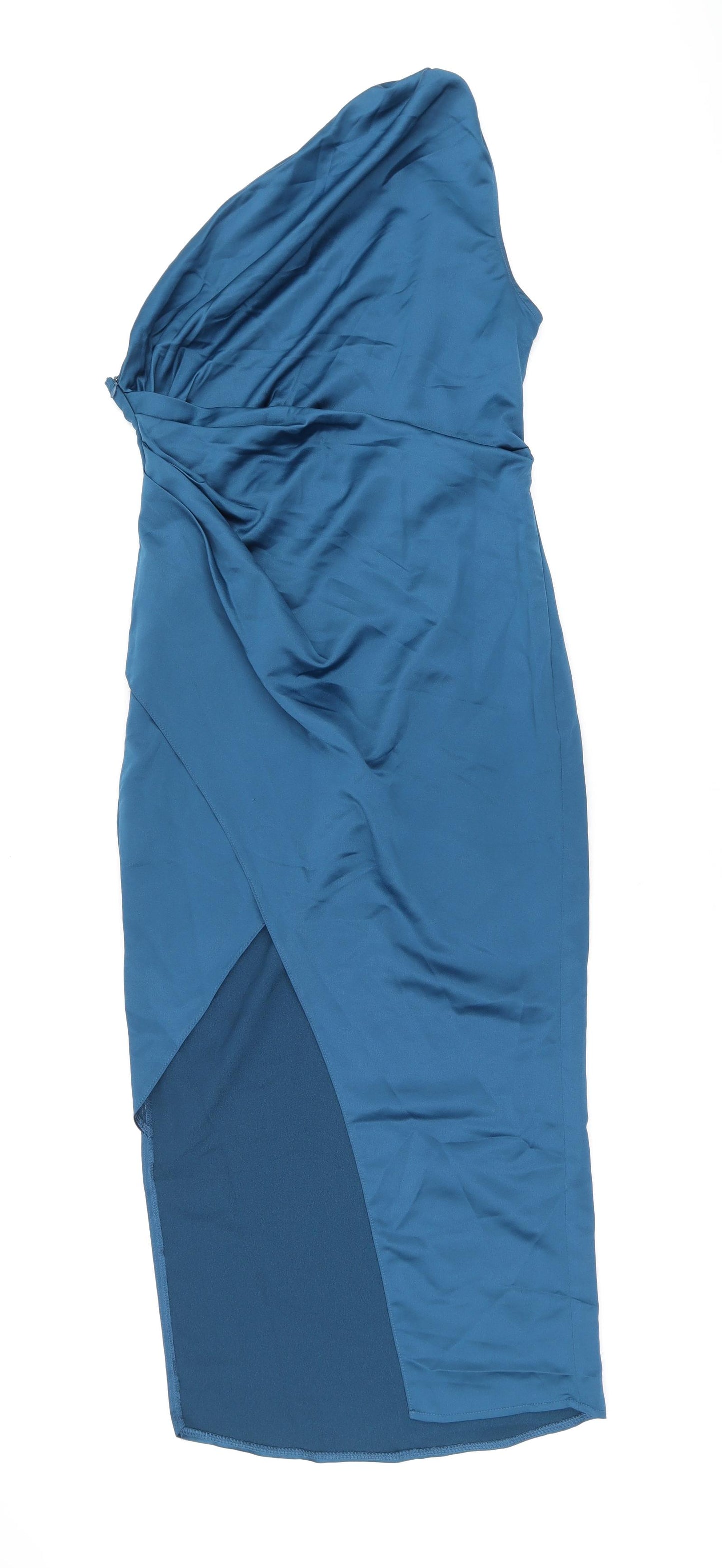 PRETTYLITTLETHING Womens Blue Polyester Bodycon Size 10 One Shoulder Zip