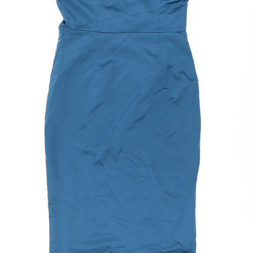 PRETTYLITTLETHING Womens Blue Polyester Bodycon Size 10 One Shoulder Zip